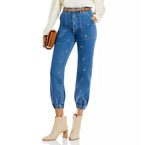 Aqua Floral Embroidered High Rise Jogger Ankle Jeans in Vintage Wash Size 28 - Picture 2 of 10